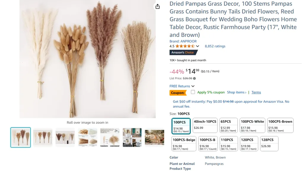 Dried Pampas Grass Decor, 100 Stems Pampas Grass