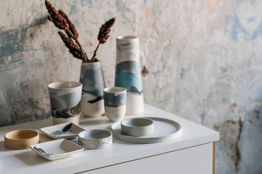 Earthen products on white table