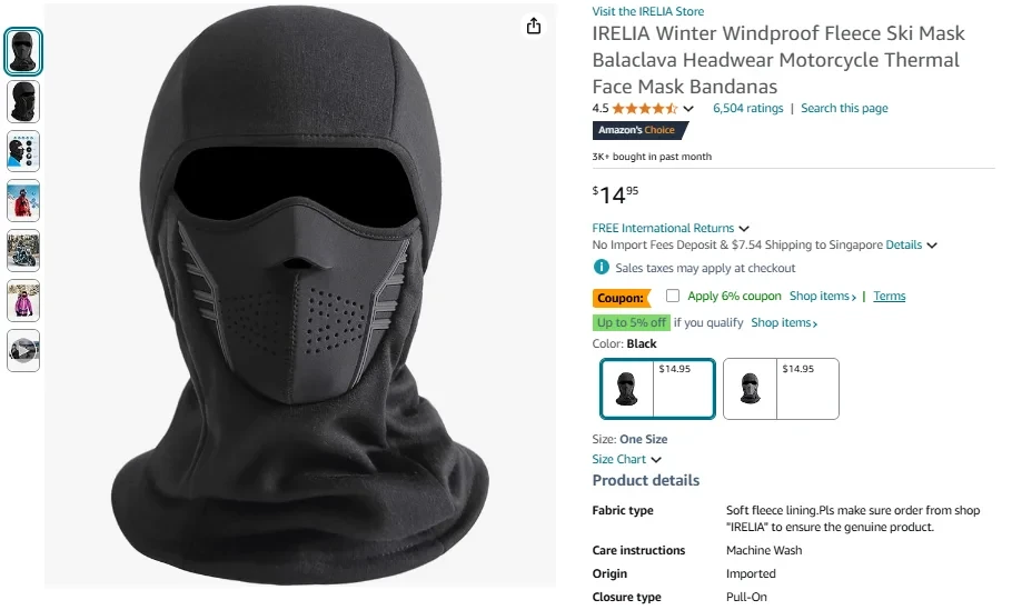 IRELIA Winter Windproof Fleece Ski Mask Balaclava