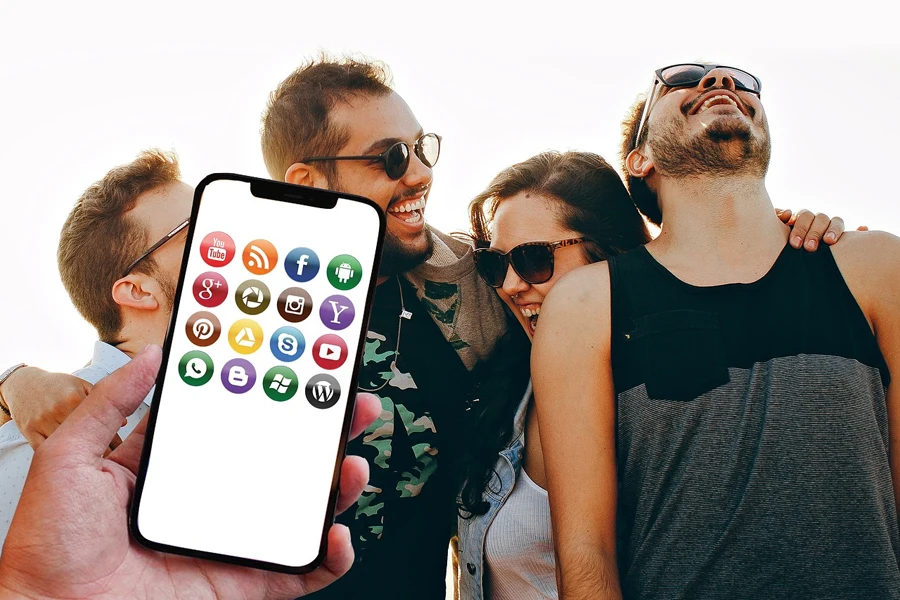 Image of a smartphone displaying different social media icons