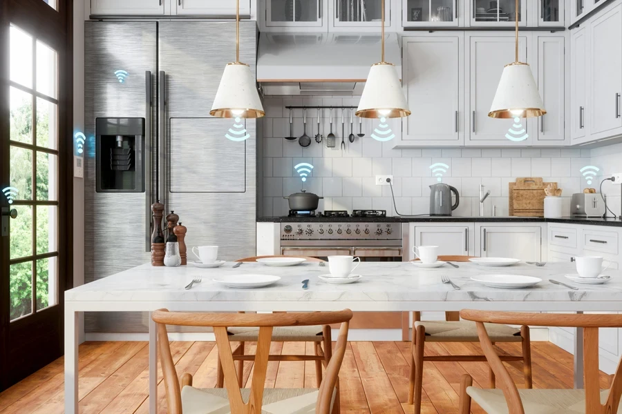 Interior of smart kitchen with connected appliances