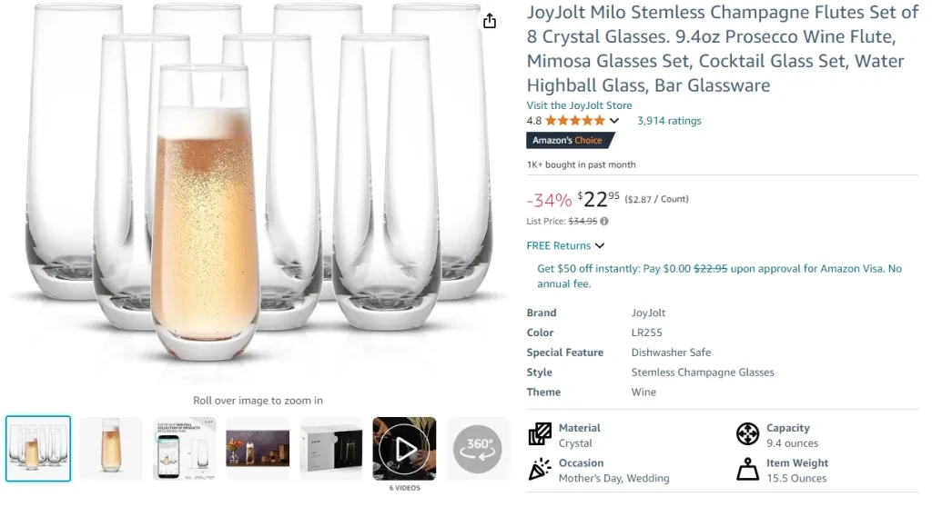 JoyJolt Milo Stemless Champagne Flutes Set of 8