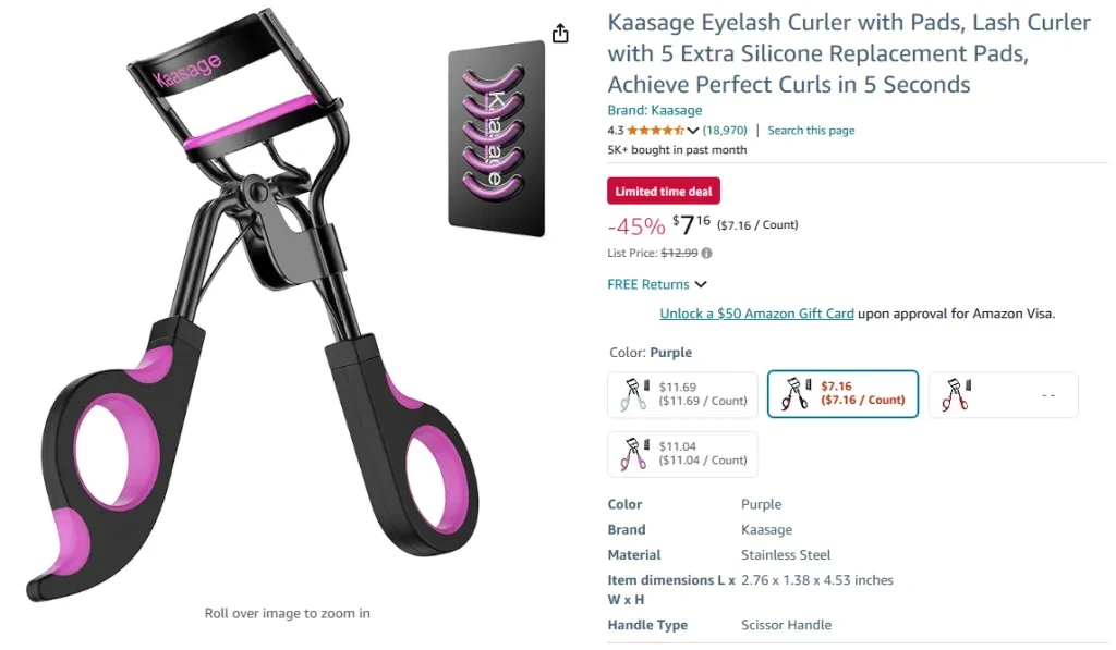 Kaasage Eyelash Curler with Pads