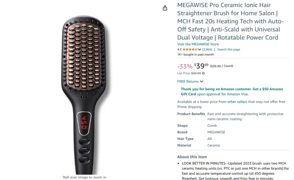 MEGAWISE Pro Ceramic Ionic Hair Straightener Brush