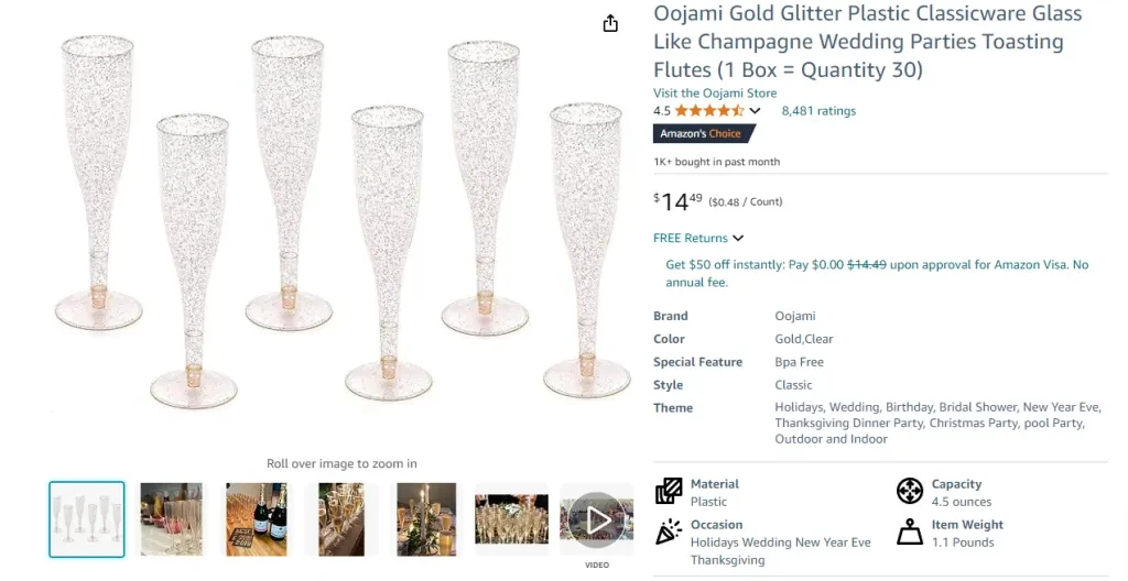 Oojami Gold Glitter Plastic Classicware Champagne Flutes