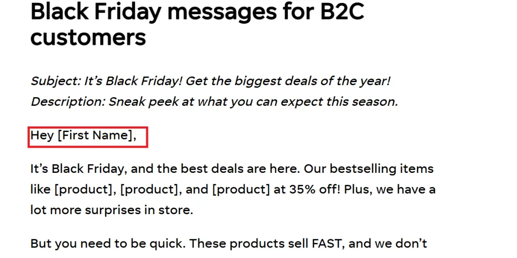 Personalized sample Black Friday email