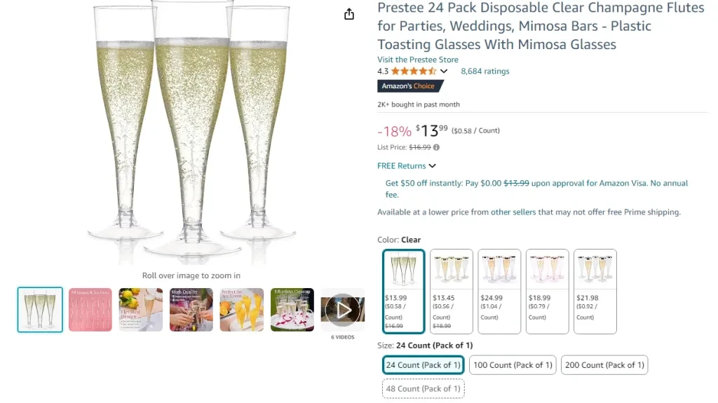 Prestee 24 Pack Disposable Clear Champagne Flutes