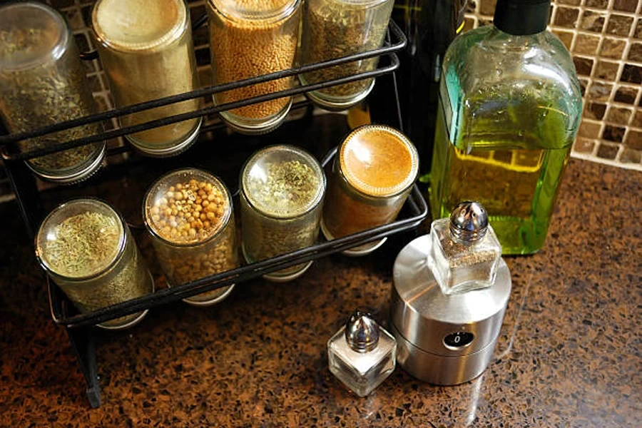 Rack Full of Spices with Salt and Olive Oil