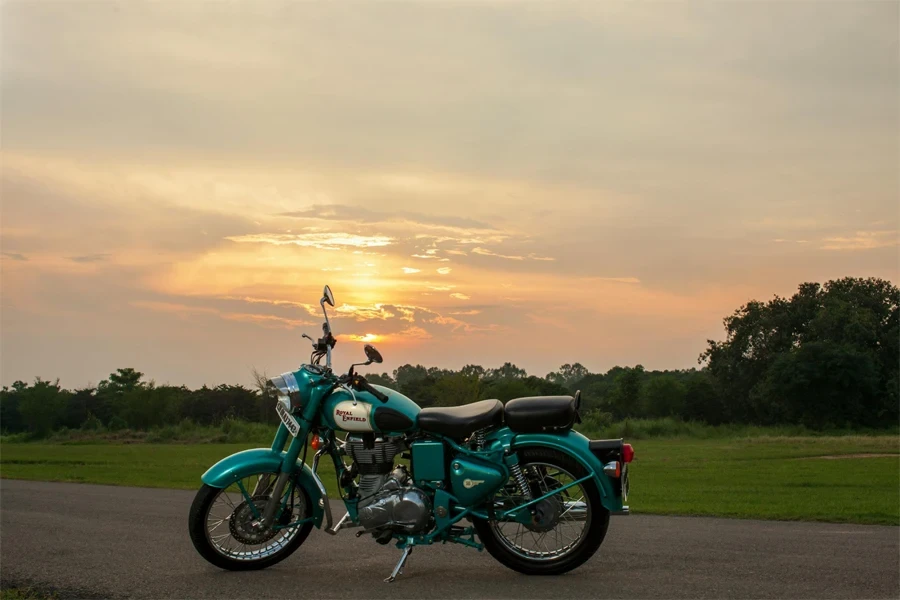 Royal Enfield motorcycle at sunset