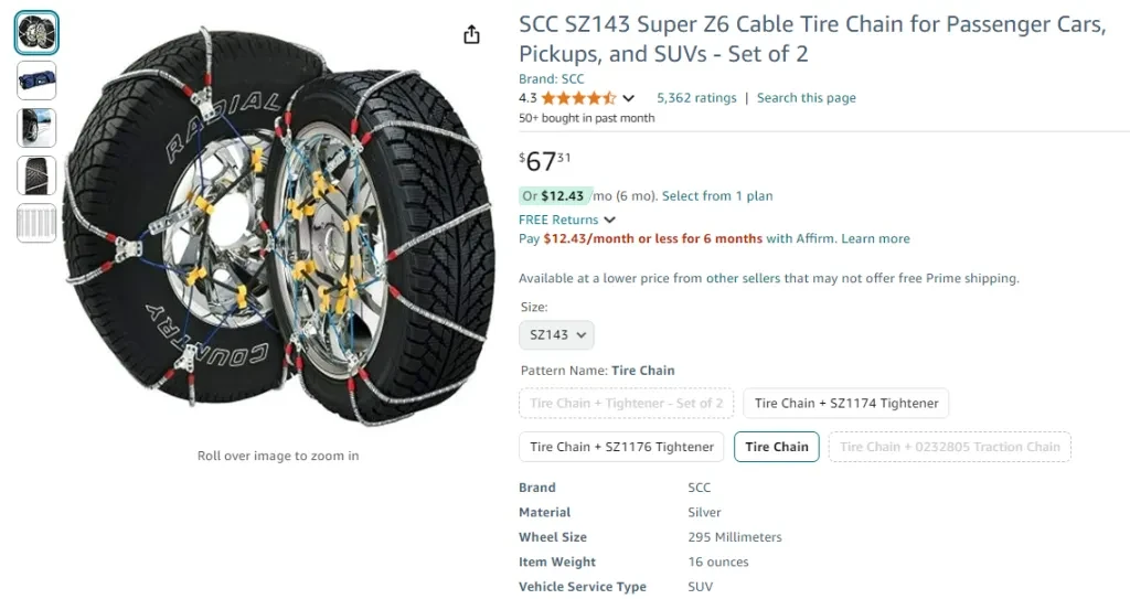 SCC SZ143 Super Z6 Cable Tire Chain