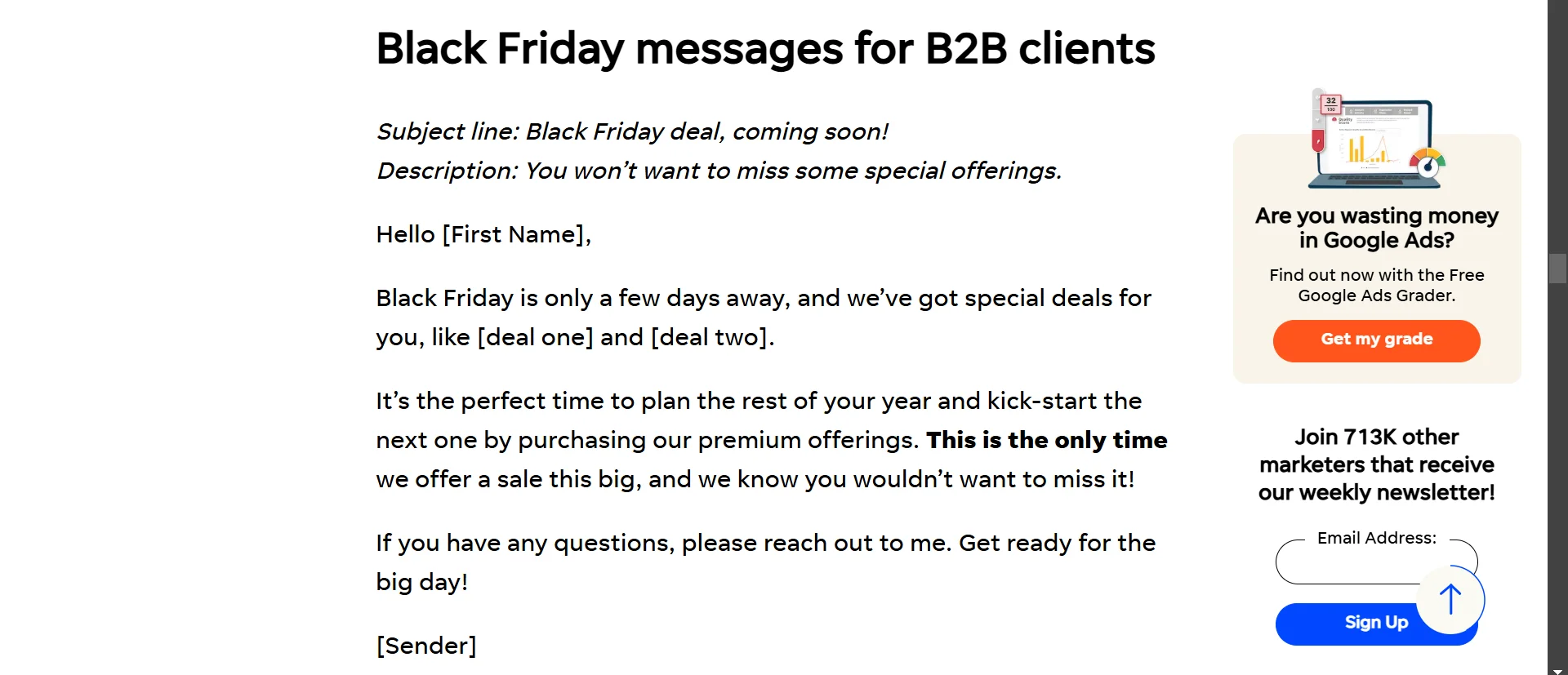 Sample Black Friday Email for B2B Clients