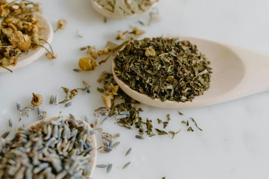 Selective Focus of Herbal Medicine on a Wooden Spoon