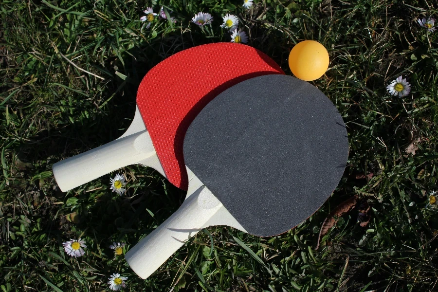 Table tennis rackets and ball on grass