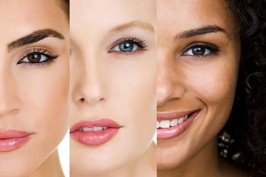 Three women with different skin tones wearing contrast makeup