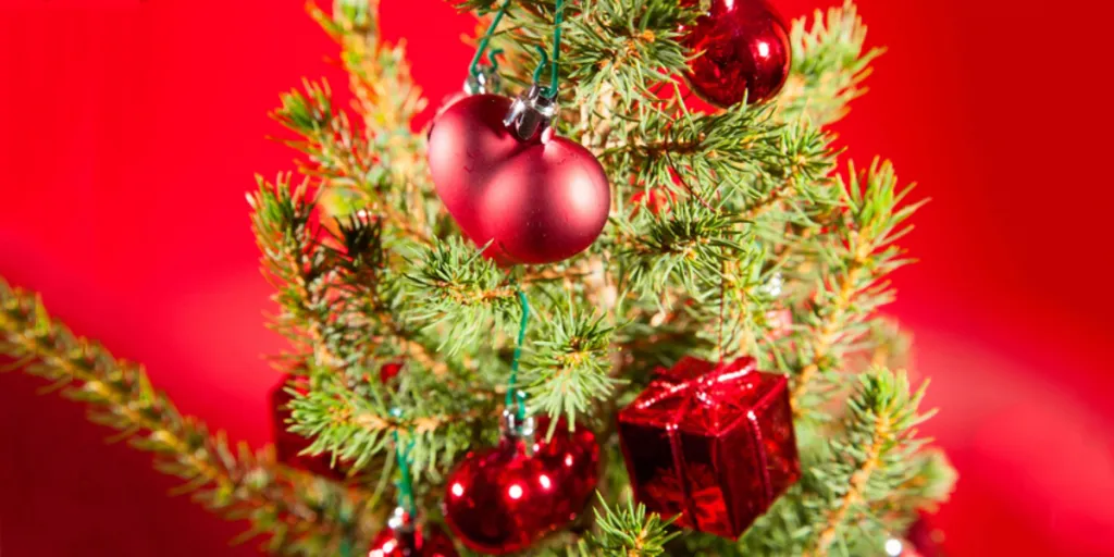 Various red Christmas tree decorations on a red background