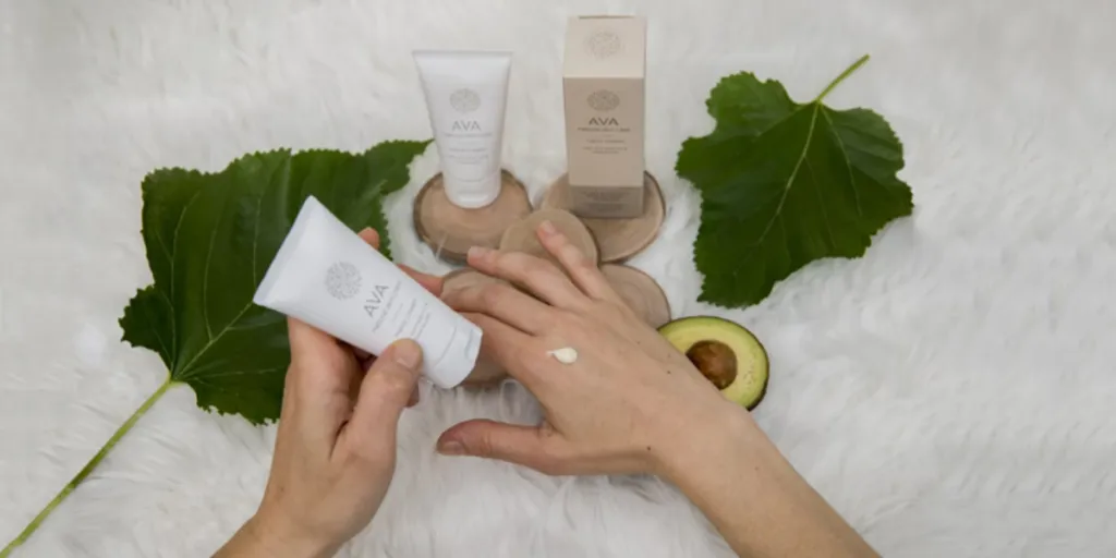 Woman applying cruelty-free soothing lotions from set of tubes