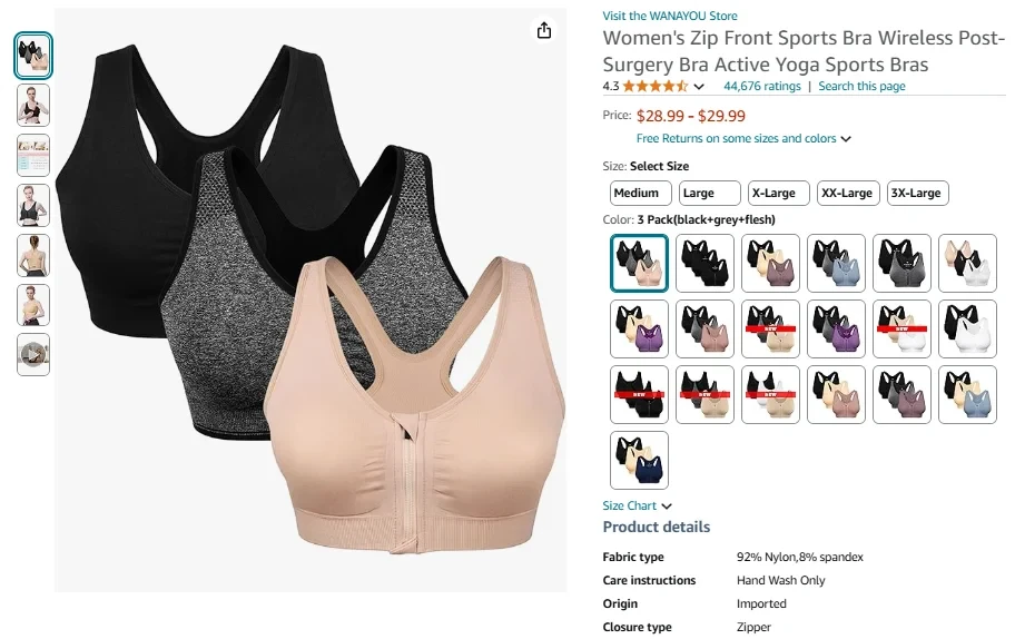 Women's Zip Front Sports Bra Wireless Post-Surgery