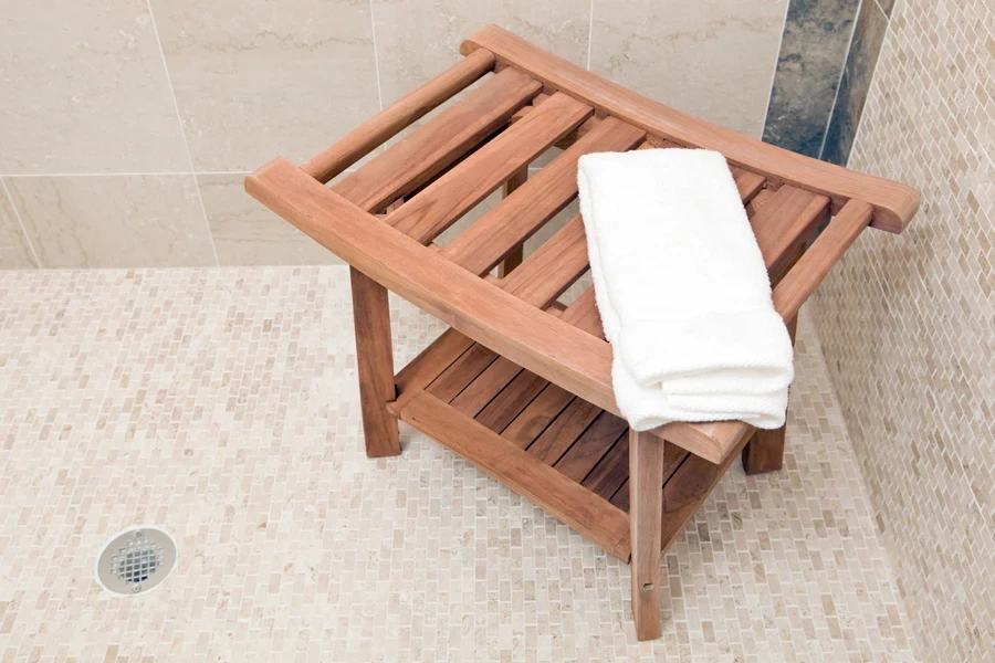 Wooden shower stool with built-in storage shelf