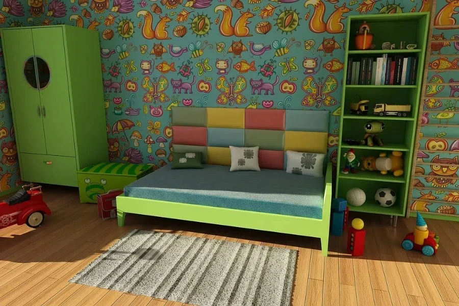 A kids room with colorful wallpaper