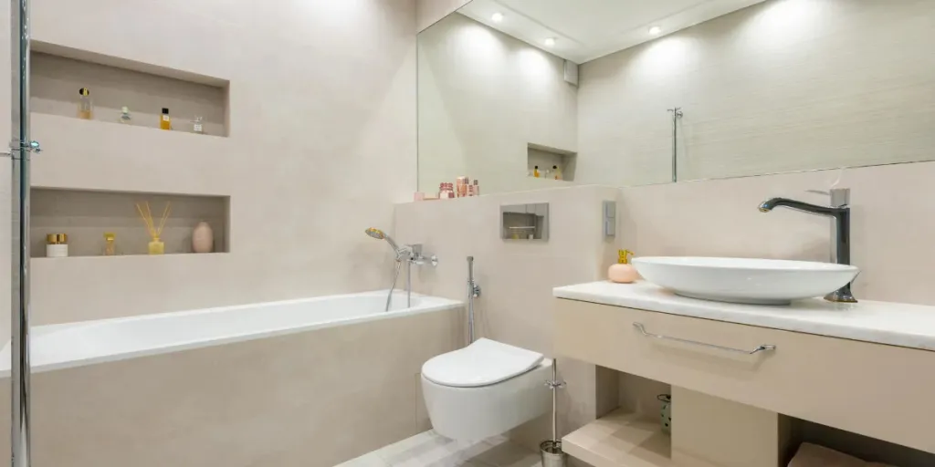 A minimalist cream and white bathroom with floating shelves