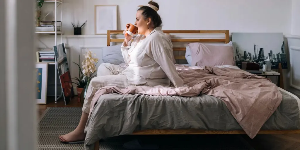 A plus-size woman sitting on her bed in sleepwear