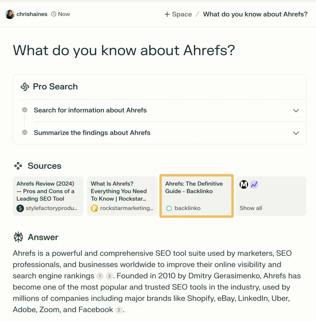 asking perplexity what it knows about ahrefs brand