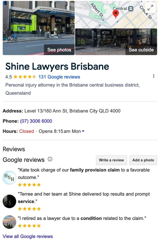 example of google business listing from shine lawy