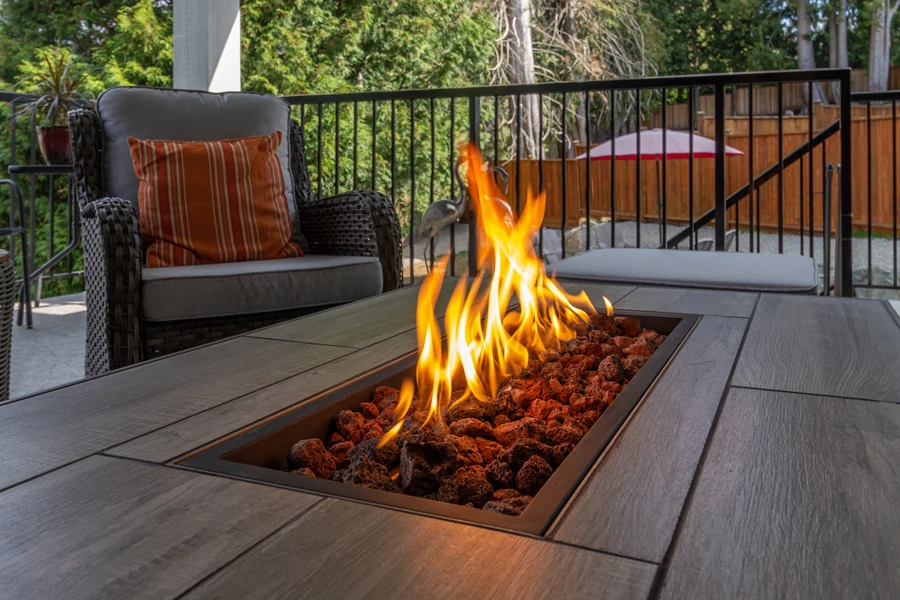 gas fire pit built in the patio