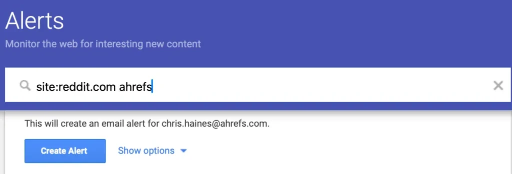 google alerts example for tracking reddit brand me