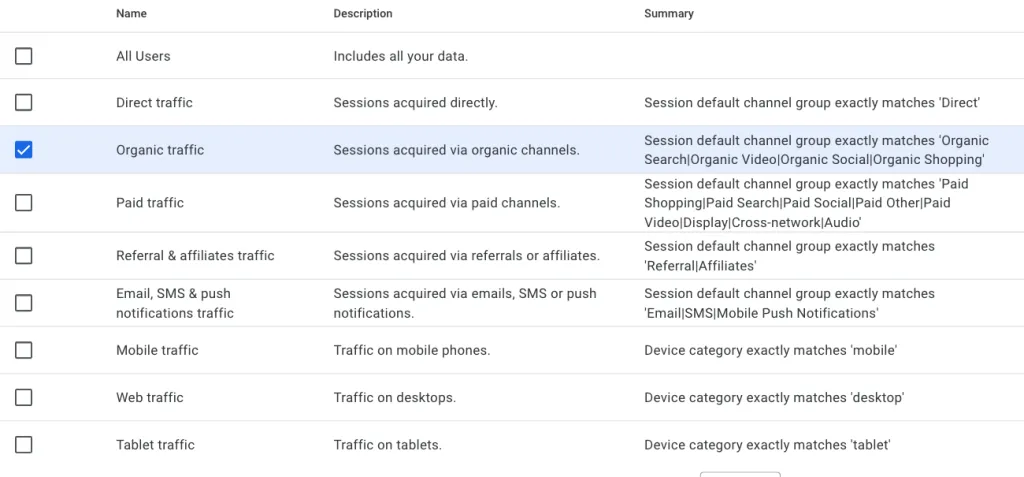 google analytics settings filtered to display only