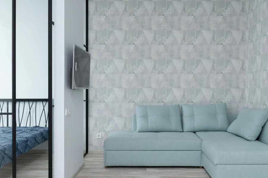 Interior of an apartment with wallpaper and sofa