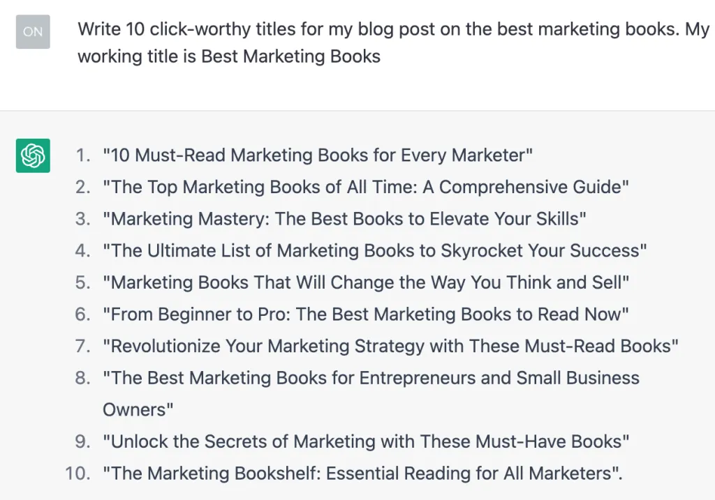 titles generated by chatgpt for a post on best marketing books