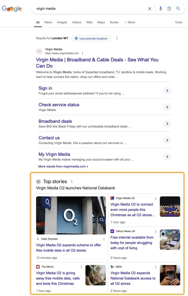 virgin media news coverage in search results example