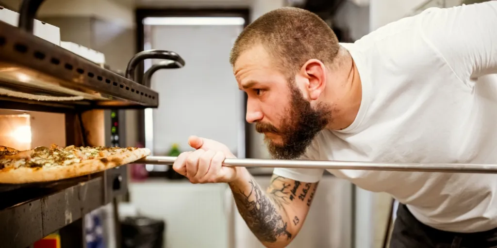 A chef preparing a freshly baked pizza in an oven