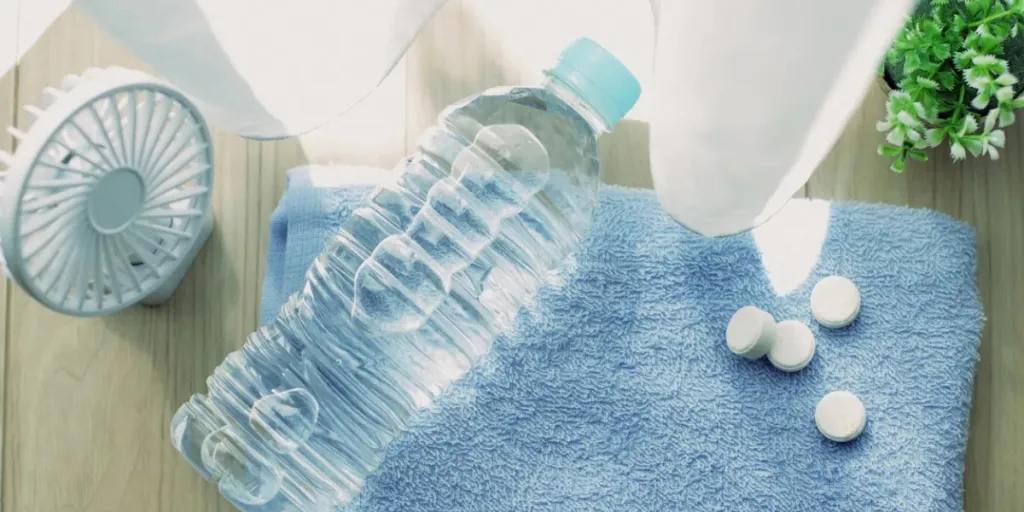 A collection of heat stroke prevention items such as mineral water