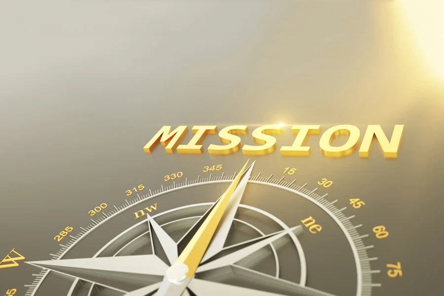 A compass pointing towards a mission