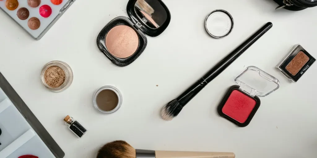 A flat lay of beauty products including eyeshadow, brushes, and blush on a white surface