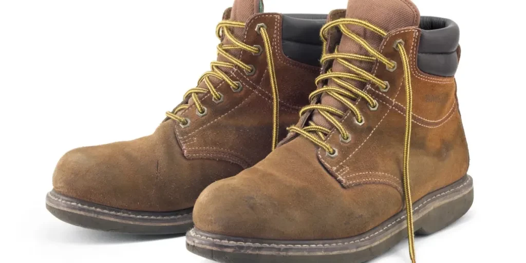 A pair of well-worn work boots isolated on a solid white background