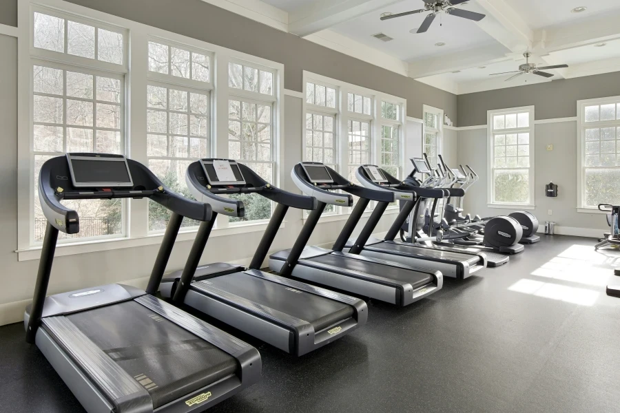 A row of treadmills in a gym with windows