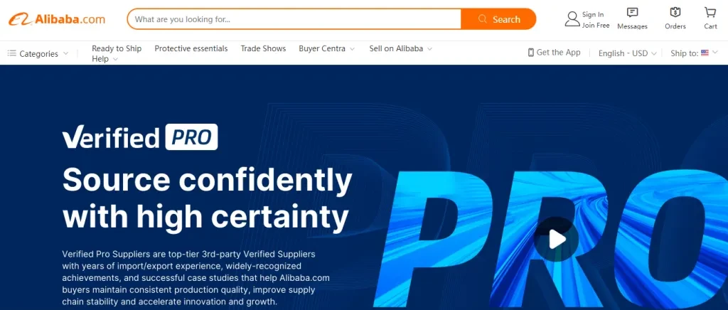A screenshot of Alibaba’s verified pro for suppliers