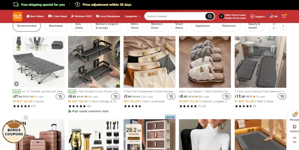 A screenshot of Temu’s homepage offering lower prices