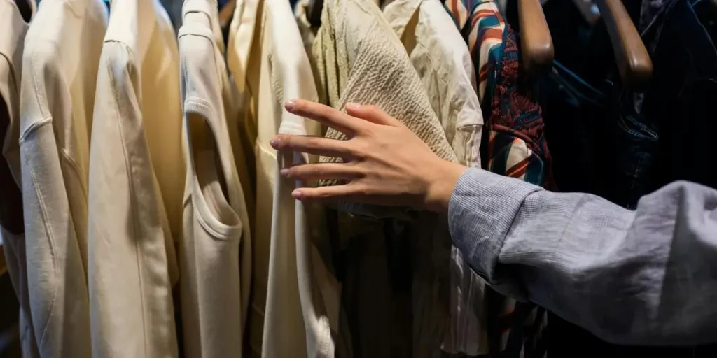 A shoppers hand browsing clothes in a retail store, focusing on fabric textures