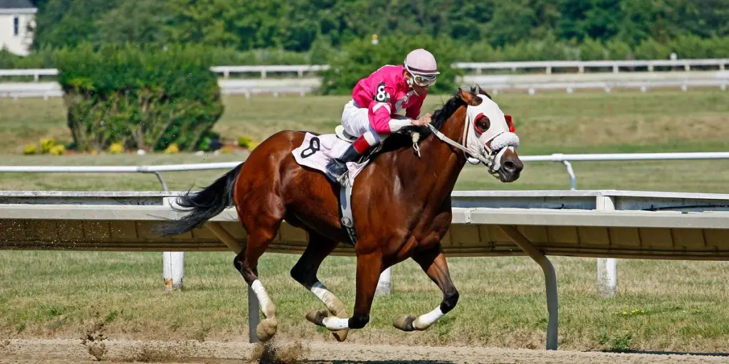 A thrilling horse race captured mid-action showing a jockey and horse in motion on the track