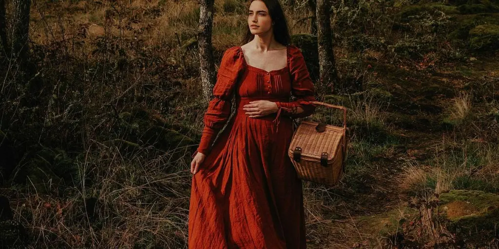 A woman in a medieval-style red gown walking through a Portland forest