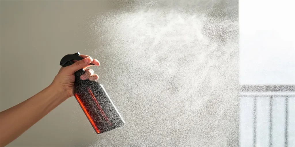 A woman's hand sprays an air freshener in a room