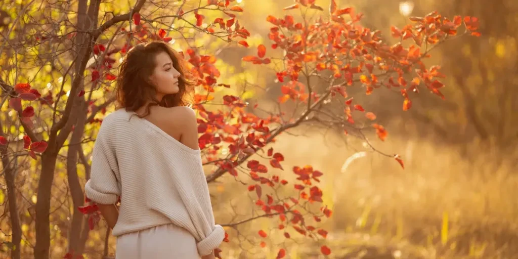 A young brunette woman in a cozy off-shoulder sweater poses near a tree with vibrant autumn leaves