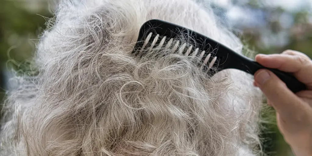 An elderly lady combing her gray curly hair