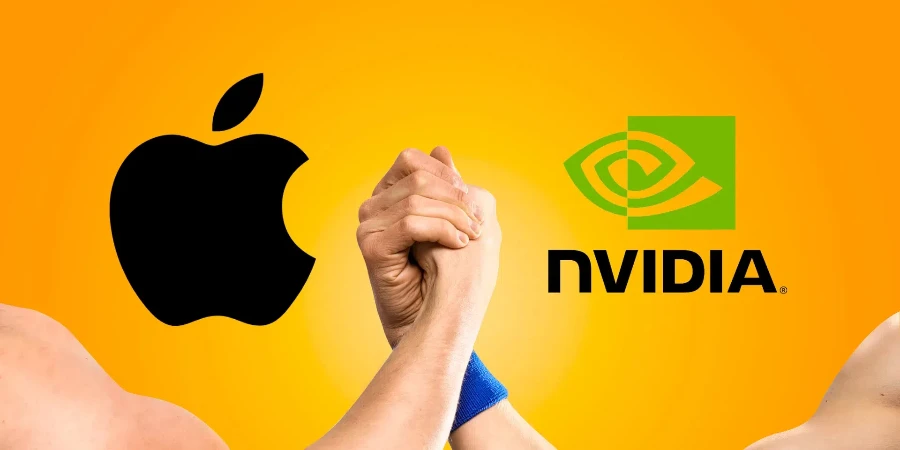 Yapay zeka grafikli Apple ve Nvidia logoları.