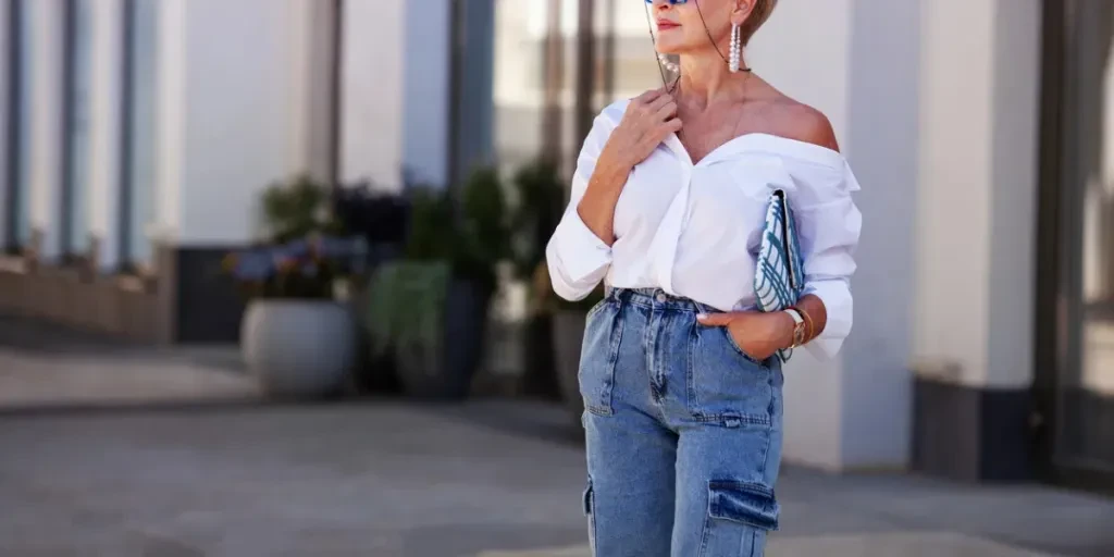 Beautiful blonde fashion mature woman outdoors in city street wearing trendy white shirt blouse