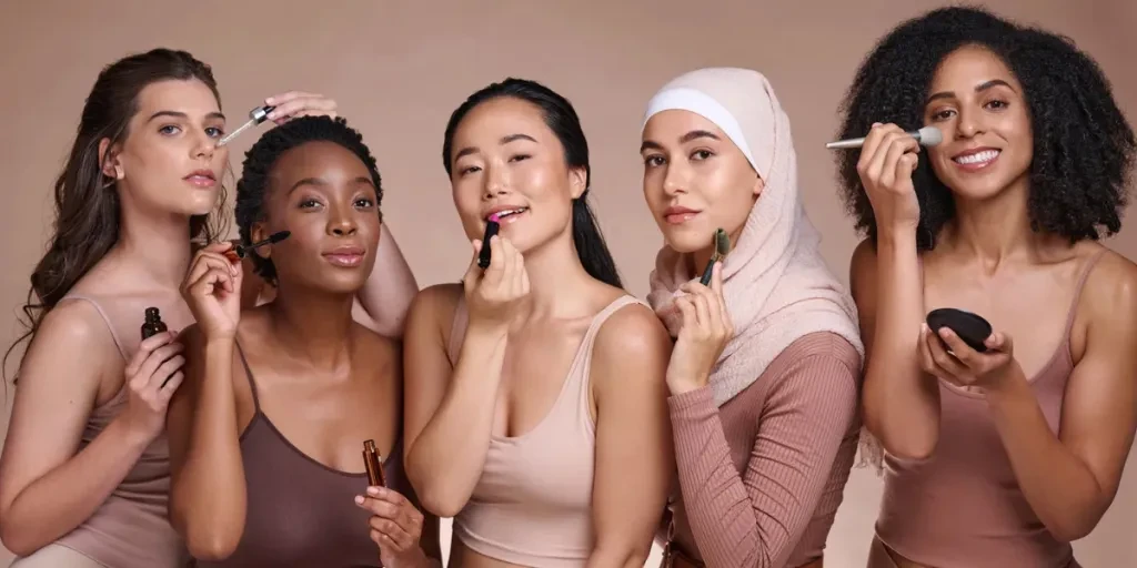 Beauty, diversity and cosmetics with makeup and women in portrait